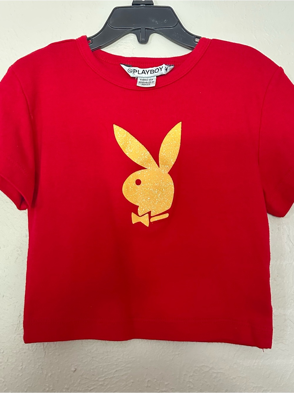 PLAYBOY Red Tee with Glitter Gold Bunny Graphic